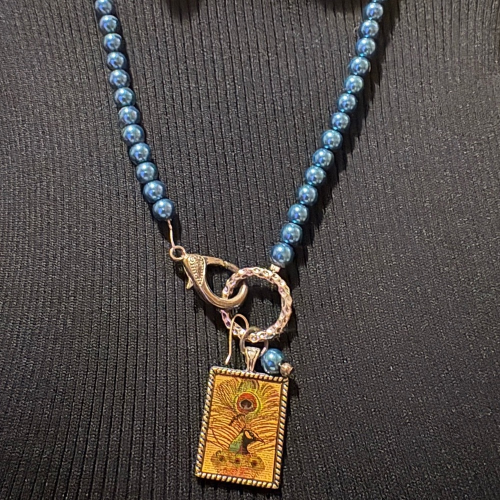 Blue Pearl Beaded Necklace with Rectangular Sunburst Pendant